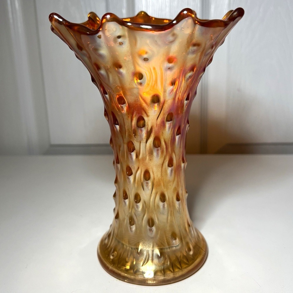 Vintage Jeannette Marigold Carnival Glass Tree Bark Vase 7.5" Starburst Base